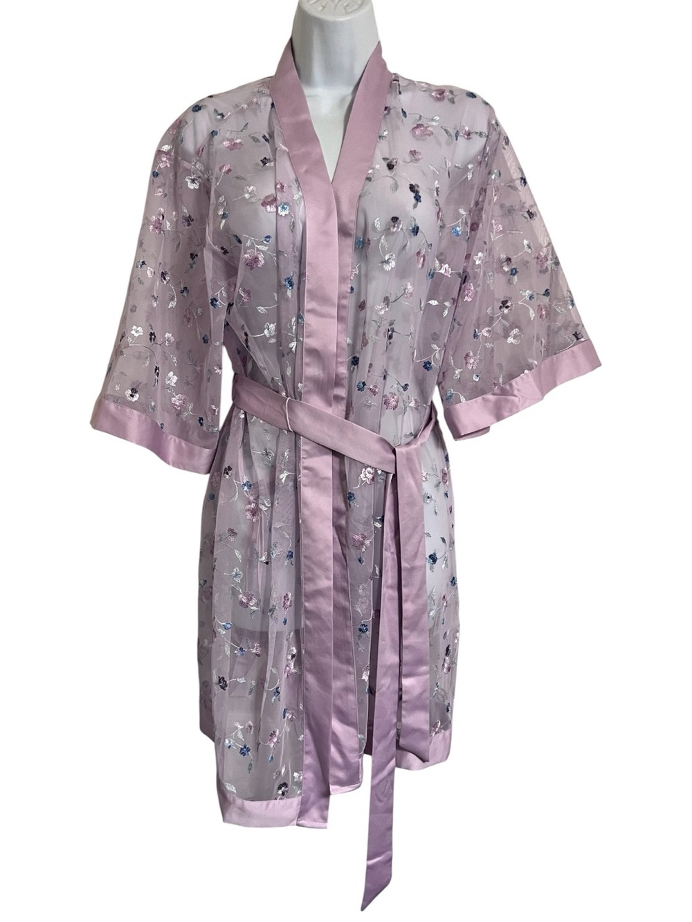 INC International Concepts Sheer Floral Embroidered Kimono Robe in Light Lilac